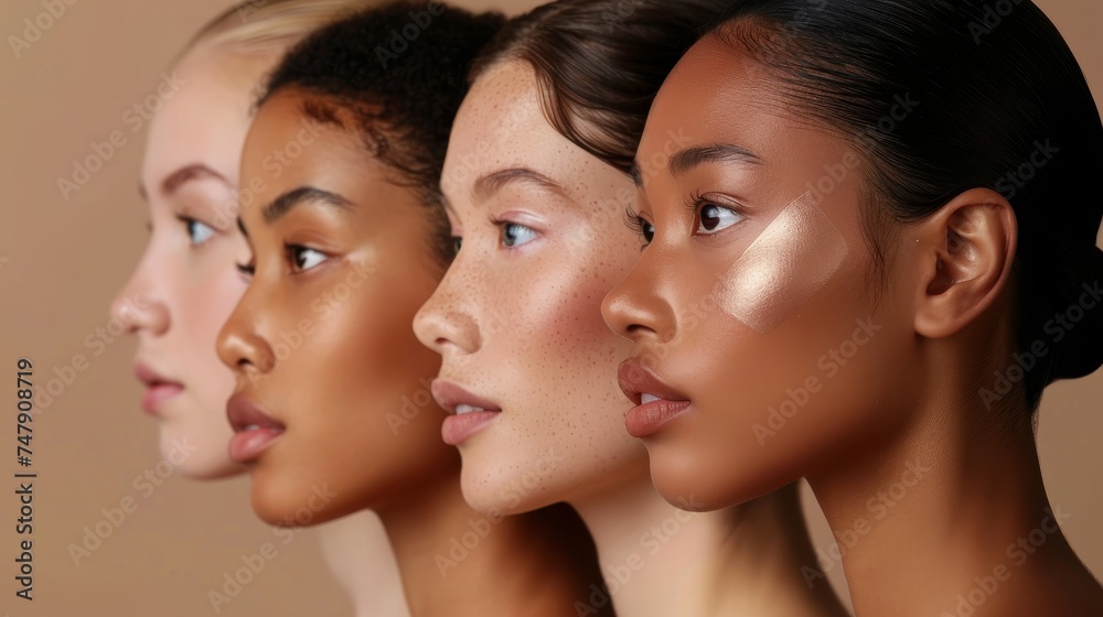 The look of beauty, multi-ethnic group of women. Diverse ethnicity women - Caucasian, African, and Asian posing and smiling against a beige background. - obrazy, fototapety, plakaty 