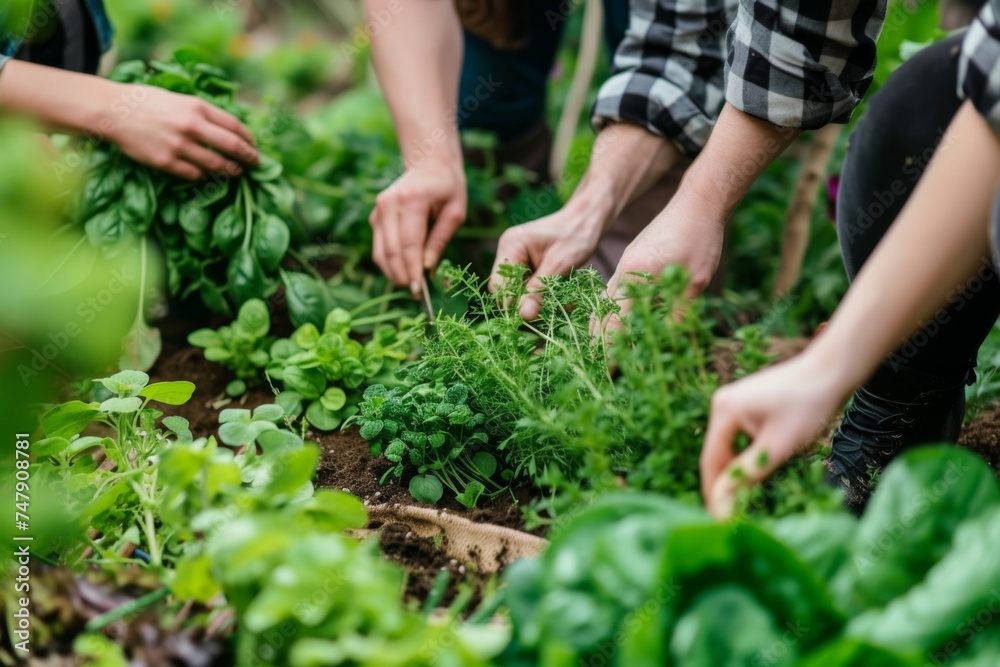 Community of people joyfully picking fresh herbs and veggies from a lush garden, embracing the farm-to-table spirit