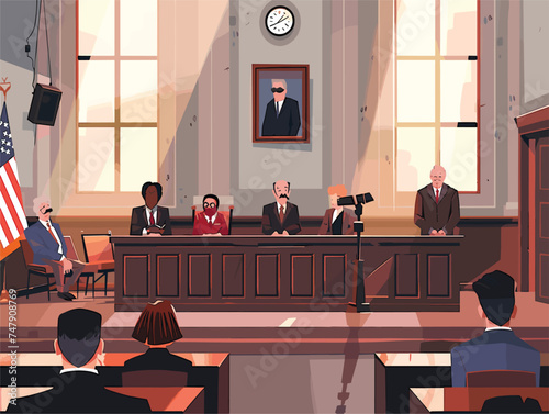 A group of people are seated in a courtroom facing a judge. The room is adorned with the flag of the United States. There is an event of public speaking with music playing in the background