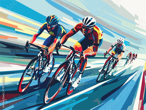 A group of riders are cycling on the road wearing bicycle jerseys and helmets, with their bikes equipped with wheels, frames, and tires