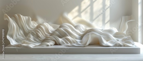 The folder is folded up on a fabric background. There are waves in the bed. A white banner with bulges is shown with 3D rendering. The folder is crumpled. photo