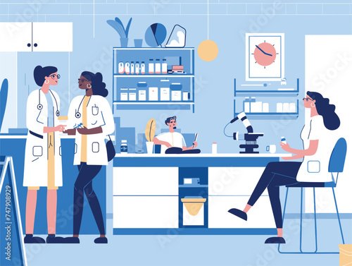 A group of doctors are gathered around a desk in a lab discussing medical advancements. The stage equipment is set up in electric blue lighting, creating a professional atmosphere