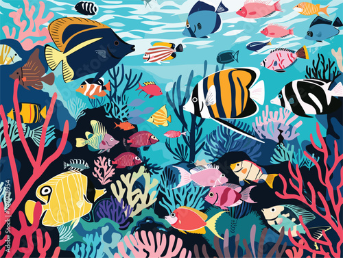 An underwater masterpiece filled with colorful corals and schools of fish painted in shades of azure, orange, and textile. The lively aquatic organism creates a mesmerizing art display in the water