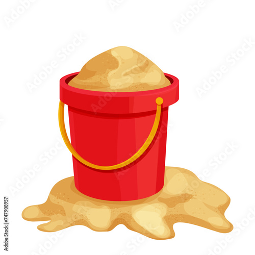 Red bucket on golden sand, toy isolated on white background. Kid summer game outdoors.