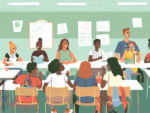 A group of individuals are seated around tables and chairs in a classroom, wearing school uniforms. They are sharing desks and engaging in leisure activities, such as art, at the academic institution