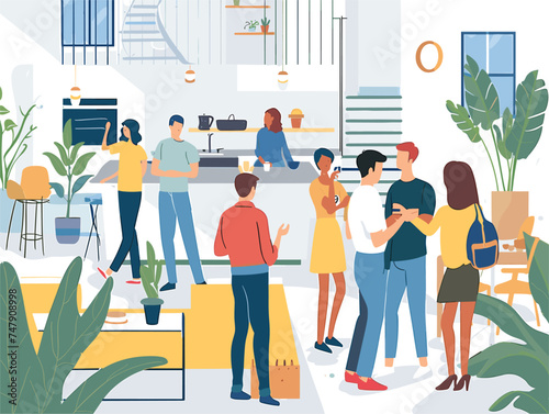 A group of people is gathered in an artfilled room, chatting and laughing. They gesture animatedly as they discuss urban design and leisure activities, surrounded by beautiful paintings and plants