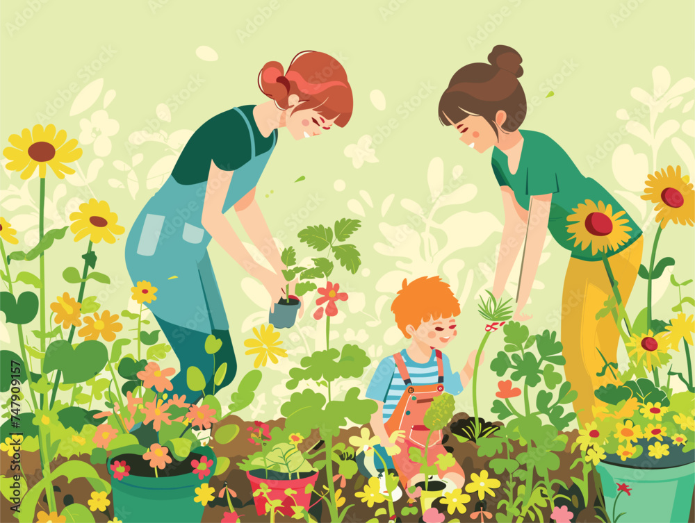 Fototapeta premium A group of people are joyfully planting colorful flowers in a garden, surrounded by green grass and nature. Their happy gestures create an artistic scene of organic beauty