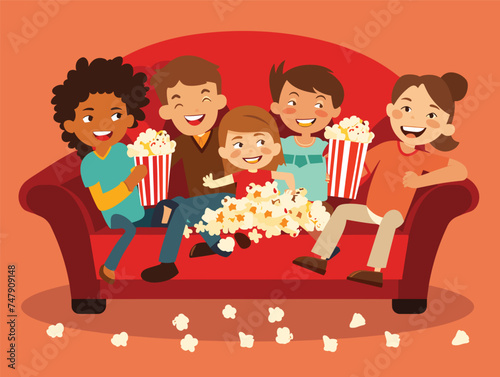 A group of children are happily sitting on a couch, sharing popcorn and enjoying a cartoon on TV. Their smiling facial expressions and animated gestures bring the furniture to life