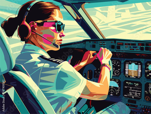 A female pilot is seated in the cockpit of an airplane, wearing protective eyewear for vision care. She grips the steering wheel, surrounded by audio equipment and a windshield for air travel