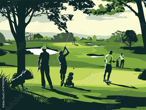 A group of golfers are practicing their swings on a lush green field under the clear blue sky. They are equipped with golf clubs and are surrounded by trees and plants on the vast land lot