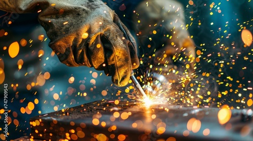 Close-up of hands welding metal with bright sparks flying in a dark industrial manufacturing workshop.