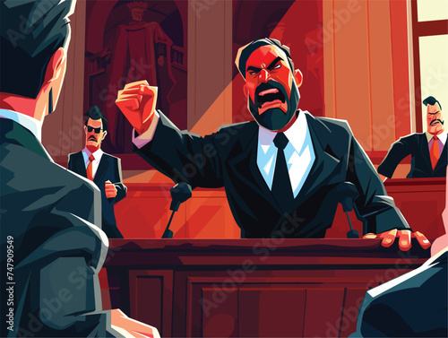 An official spokesperson in formal wear, wearing a suit and tie, giving a speech in a courtroom with a microphone, using gestures to entertain at an event