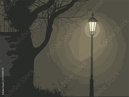 A street lamp illuminates a tree with twisted twigs and wooden branches, casting tints and shades on the plant life at midnight
