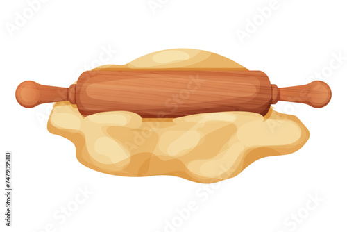 Wooden rolling pin with dough and flour handle culinary equipment isolated on white background. Wood textured roller, utensil, baker recipe.