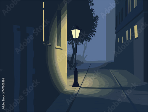 A dimly lit alleyway at midnight with a solitary lamp post and a tall tree casting shadows on the asphalt road surface, next to a building with windows and a plant on the facade