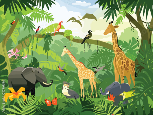 A Giraffe from the Giraffidae family grazes on the green leaves of a tree in a plant community within the ecoregion of the jungle, surrounded by nature