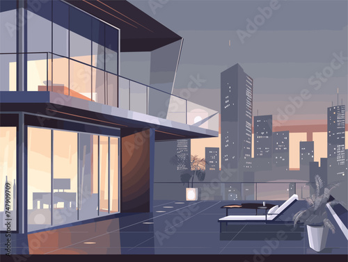 A modern house with a balcony offering a stunning view of the city at night, featuring a composite material facade and a sleek roof design