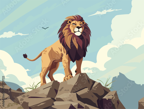 A Masai lion, a powerful carnivore from the Felidae family, is perched atop a rocky hill, roaring ferociously under the cloudy sky in its ecoregion. The scene resembles a cartoon of majestic big cats