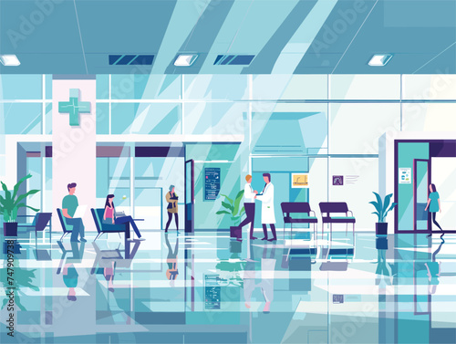 A group of people are gathered in the hospital lobby, sitting on azure chairs and gazing out the large glass windows at the electric blue sky