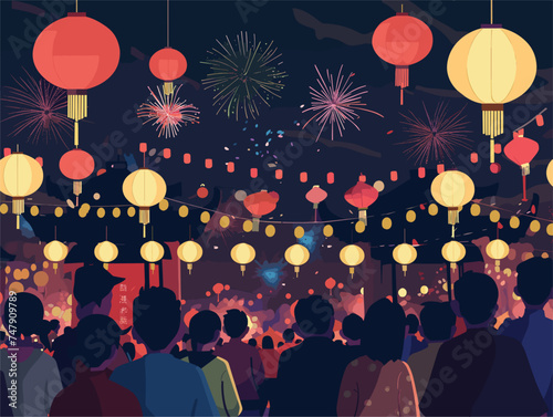A crowd of people are enjoying a World of Entertainment with fireworks, lanterns, and music at a red and orange themed event. Balloons add to the fun atmosphere
