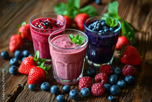 fresh berry smoothie. juice with strawberries, raspberries, blueberries, blackberries on a dark wooden background