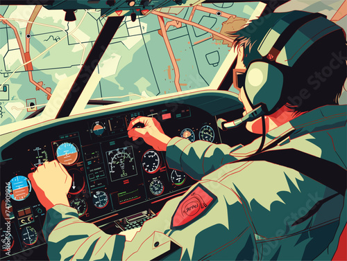 A man in a helmet and headphones is piloting an airplane in the cockpit using the steering part. The windshield gives him a clear view as he navigates the aircraft