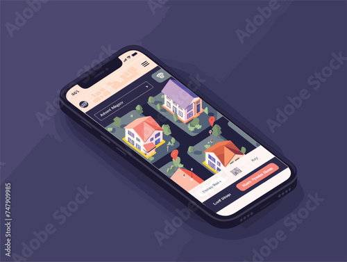 A portable communications device, like a mobile phone, displaying a map of houses on its screen. This handy gadget combines telephony and navigation features