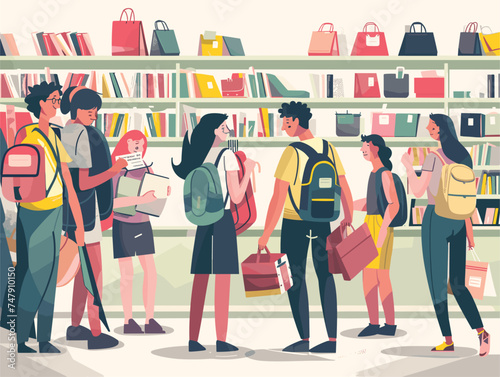 A group of people in uniform is standing in front of a bookshelf at a library. They are discussing an art event and admiring paintings, creating a fun and visually stimulating atmosphere