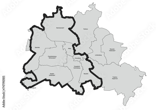 Berlin Wall course Map with Districts black and white photo