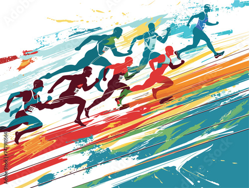 A group of people are running on a colorful track, resembling a vibrant painting with electric blue hues. The wind waves the patterned surface as they enjoy leisure and recreation