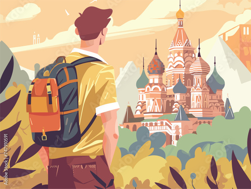 A man with a backpack is admiring a mural painting of a fictional character outside a majestic castle, showcasing the intersection of Art and the World