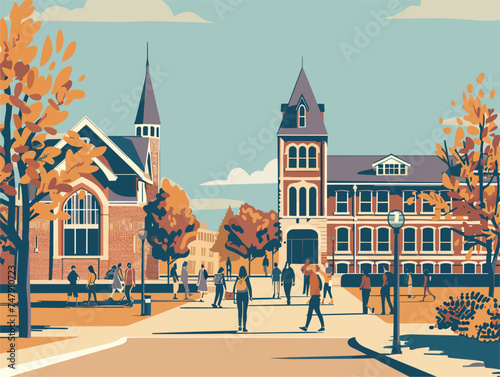A group of people stroll past a grand building on a college campus, with green plants and trees enhancing the urban design of the city landmark