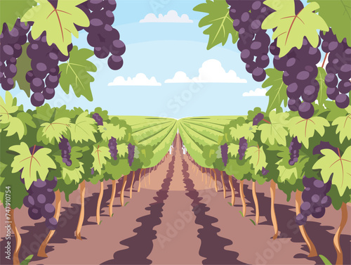 Clusters of grapes dangle from the vine in a lush vineyard under the bright sky. The green leaves of the plant sway in the gentle breeze, surrounded by natures beauty