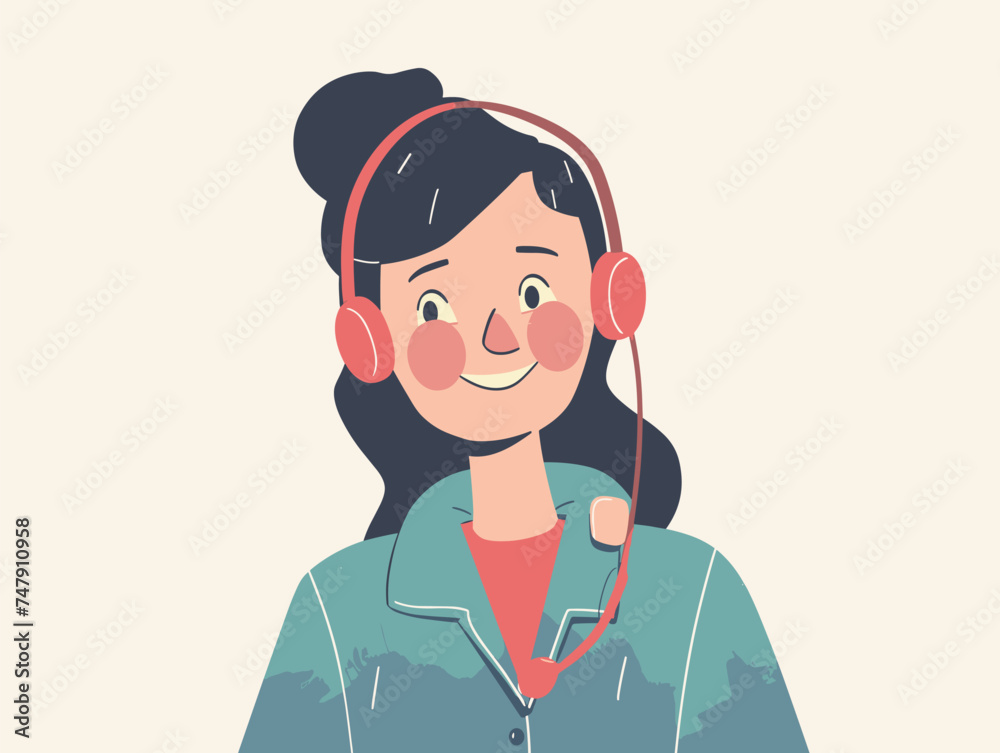 A cartoon illustration of a happy woman wearing headphones and a headset, smiling and making a gesture of sharing. The fictional character in the drawing looks pleased and full of fun A cartoon illustration of a happy woman wearing headphones and a headset, smiling and making a gesture of sharing. The fictional character in the drawing looks pleased and full of fun