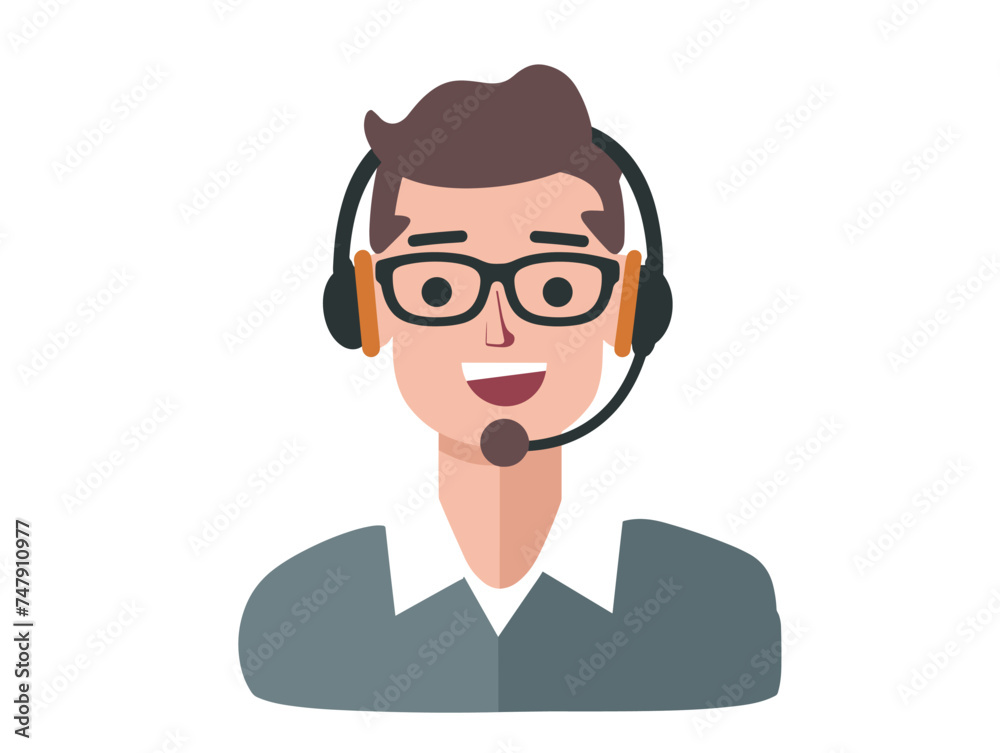A cartoon illustration of a man with a headset and glasses on his face. His nose, cheek, chin, eyebrows, eyes, and neck are also visible, showcasing the importance of vision care and eyewear