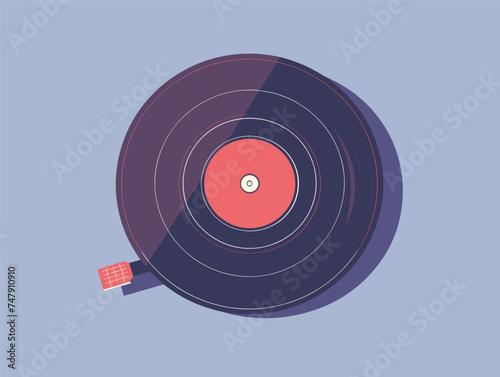 A recreation of a record player with a gramophone record on it, painted in electric blue and magenta. Made of composite materials and plastic, resembling an auto part, in a circular shape