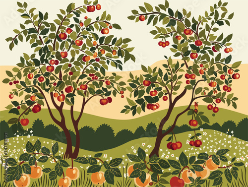 A picturesque scene of various woody plants adorned with juicy apples and cherries, showcasing the beauty of botanical art in full bloom