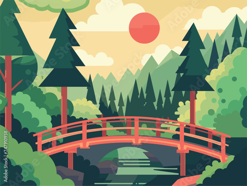 A bridge spanning a river in an Ecoregion forest  surrounded by trees  mountains  and a picturesque landscape. The scene resembles a painting with a vivid red color palette