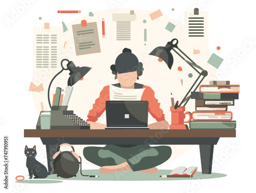 A woman is seated at a desk with a laptop and a cat. The interior design includes a rectangleshaped table and an output device. The desk is adorned with art and a hat