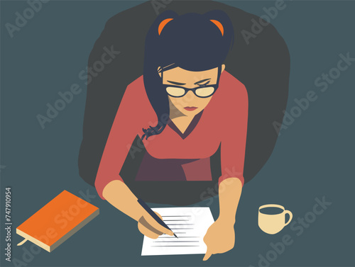 A cartoon woman is sitting at a desk drawing a fictional character on a piece of paper. She wears eyewear and a tshirt with art font sleeves, making gestures while painting