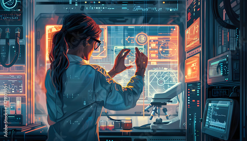 A digital illustration of a female scientist conducting experiments in a futuristic laboratory surr Generative AI