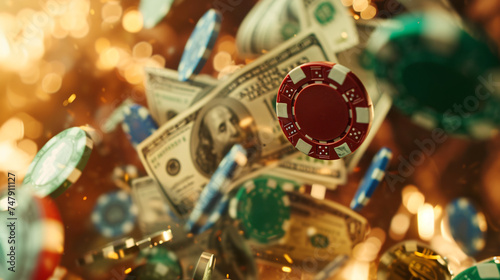 Dynamic cascade of casino chips and dollar bills.