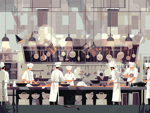 A group of chefs in uniform are busy preparing food in a restaurant kitchen, a bustling room filled with fixtures, metal utensils, and composite materials