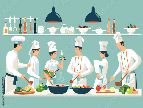 Chefs in uniform are creating culinary art in the kitchen. Their gestures of skill with sleeves rolled up and headgear on make it a fun and engaging activity