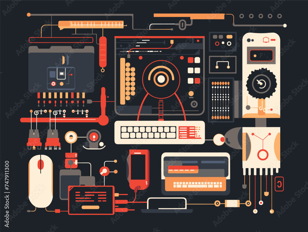 A variety of electronic devices, including hardware programmers, audio equipment, circuit components, and musical instrument accessories, are interconnected on a dark background
