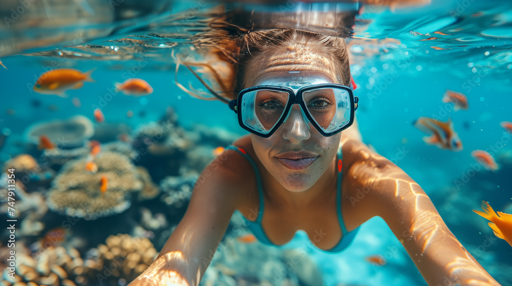 Underwater portrait of young woman snorkeling in coral reef