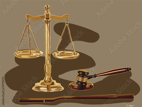 A drawing of a gavel and scale of justice, representing law and order. The gavel is made of wood, and the scale is made of metal. The image is set on a table with a light fixture above