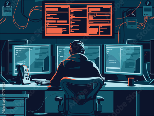 A man is seated at a table with three computer monitors on the desk in front of him. The cabinetry holds the electronic devices while he works on his personal computer