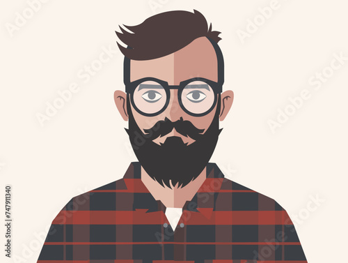A man with a thick beard and glasses is sporting a plaid shirt with tartan patterns. His jawline is defined, and he makes gestures with his hands while his vision care eyewear rests on his ears