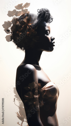 Black Young Woman, flowers in head, concept of mental health, double exposure